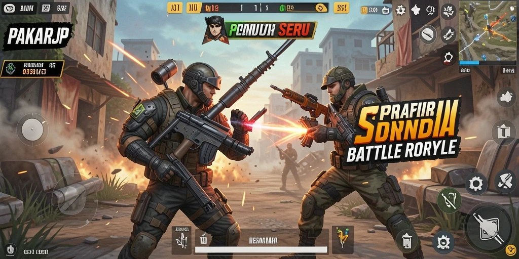 Screenshot PAKARJP menampilkan aksi seru dalam pertempuran Battle Royale.